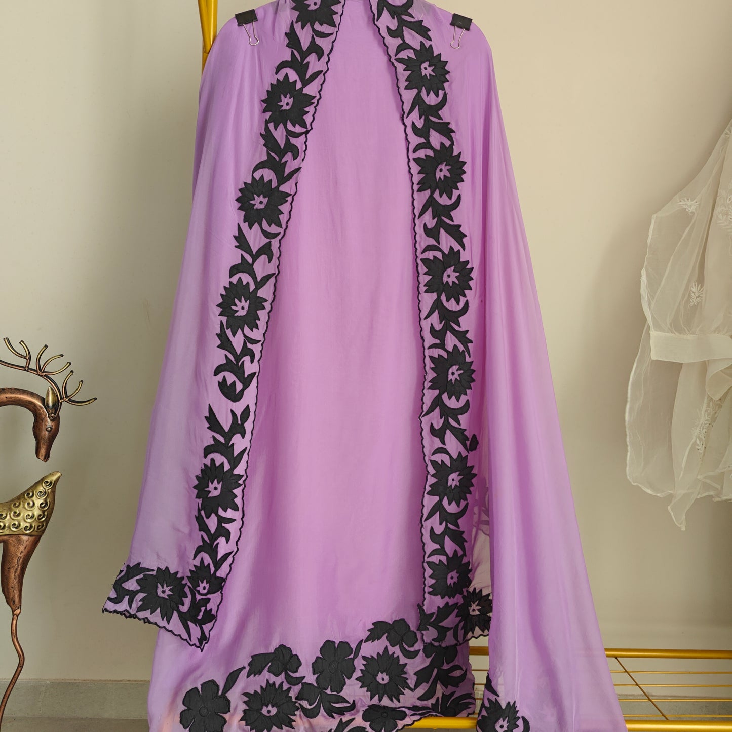 Purple Georgette dress material with Black patchwork