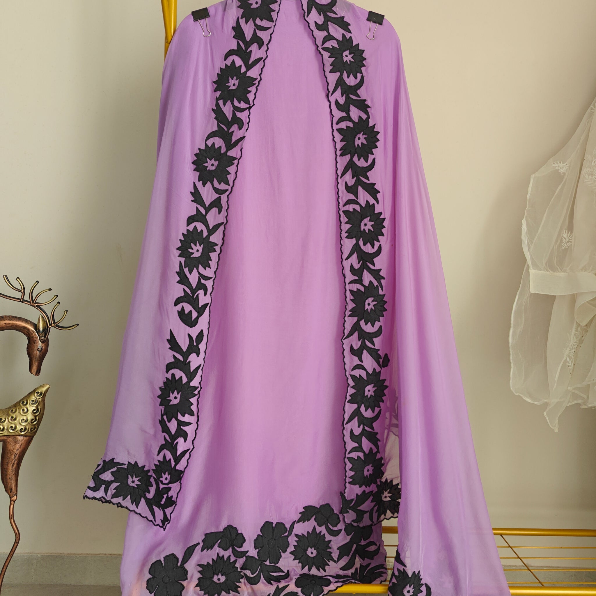 Purple Georgette dress material with Black patchwork