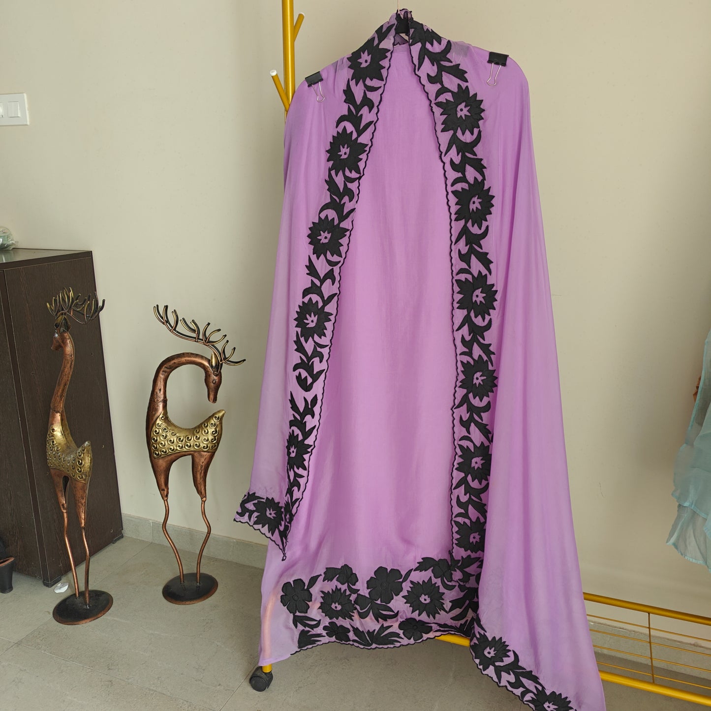 Purple Georgette dress material with Black patchwork