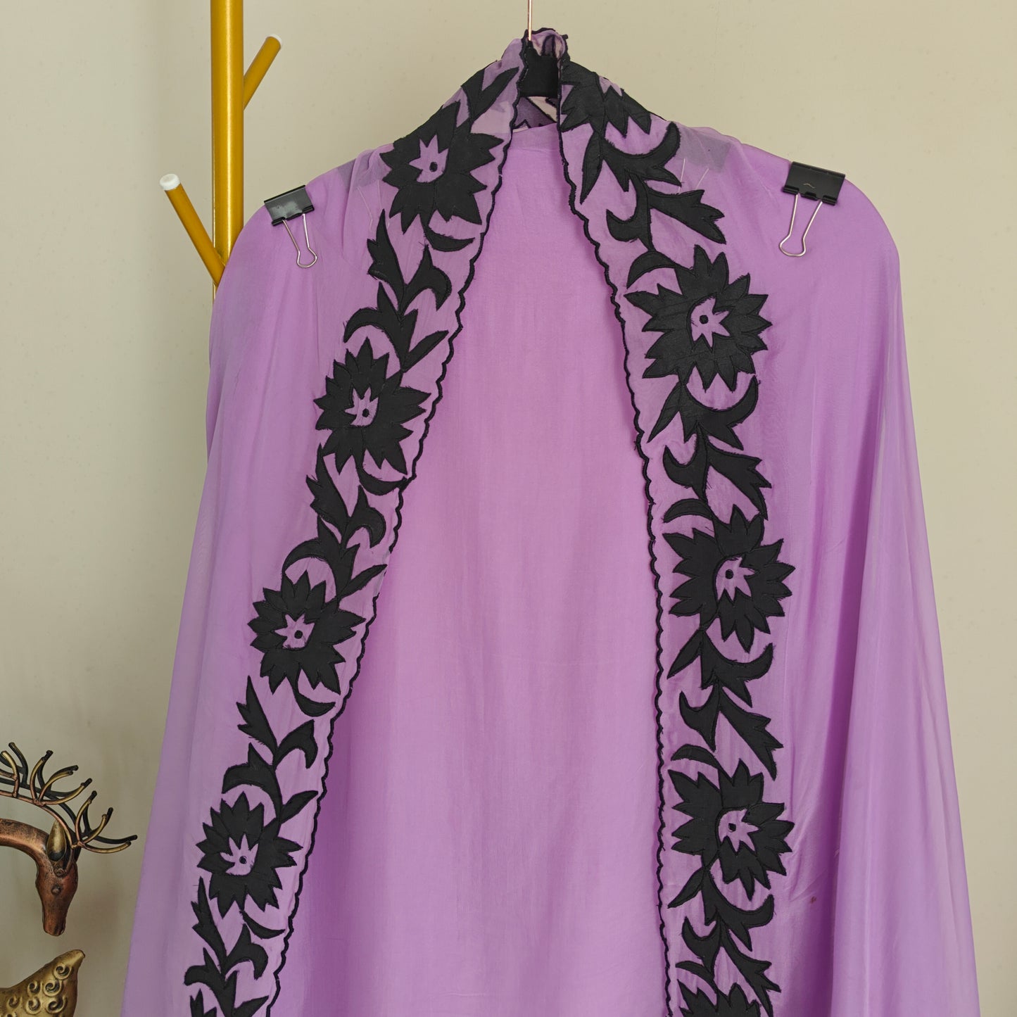 Purple Georgette dress material with Black patchwork