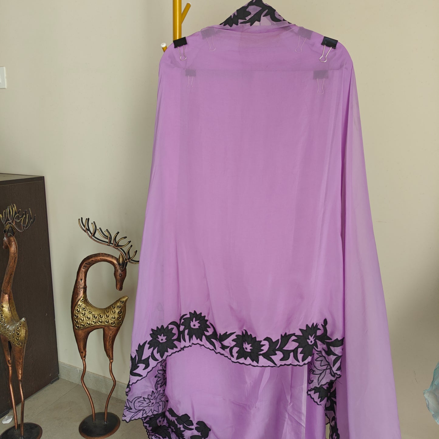 Purple Georgette dress material with Black patchwork