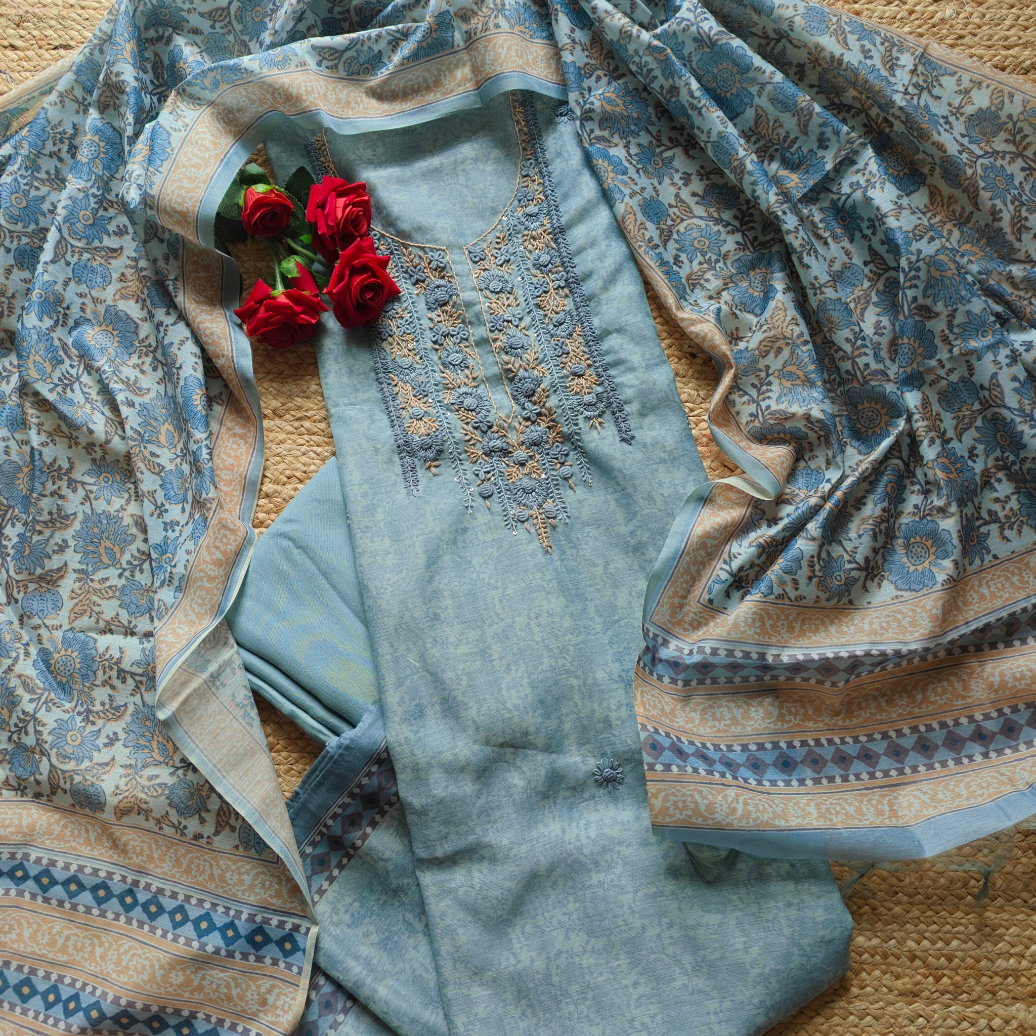 Blue chanderi cotton knot embroidery with resham thread and jamdani