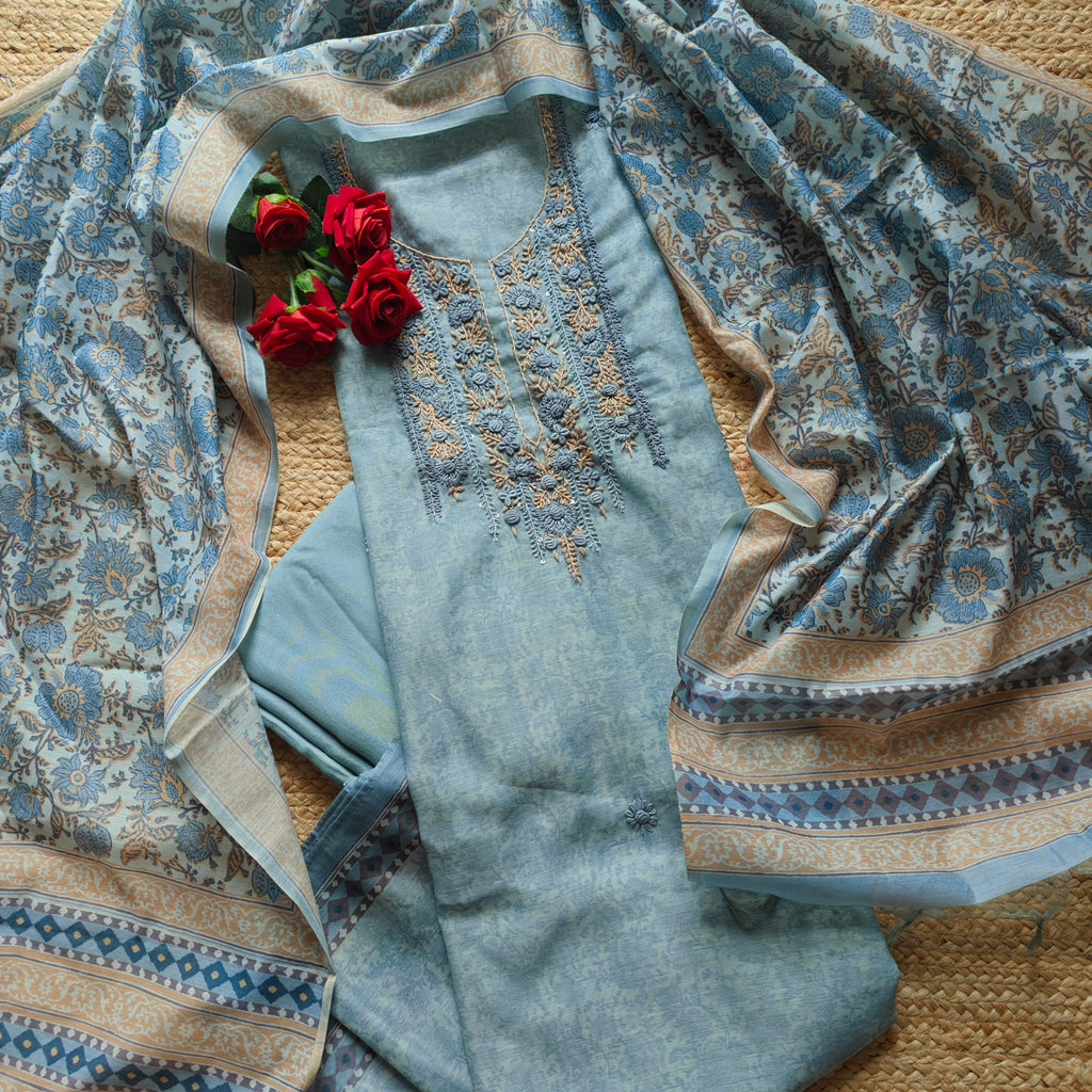 Blue chanderi cotton knot embroidery with resham thread and jamdani