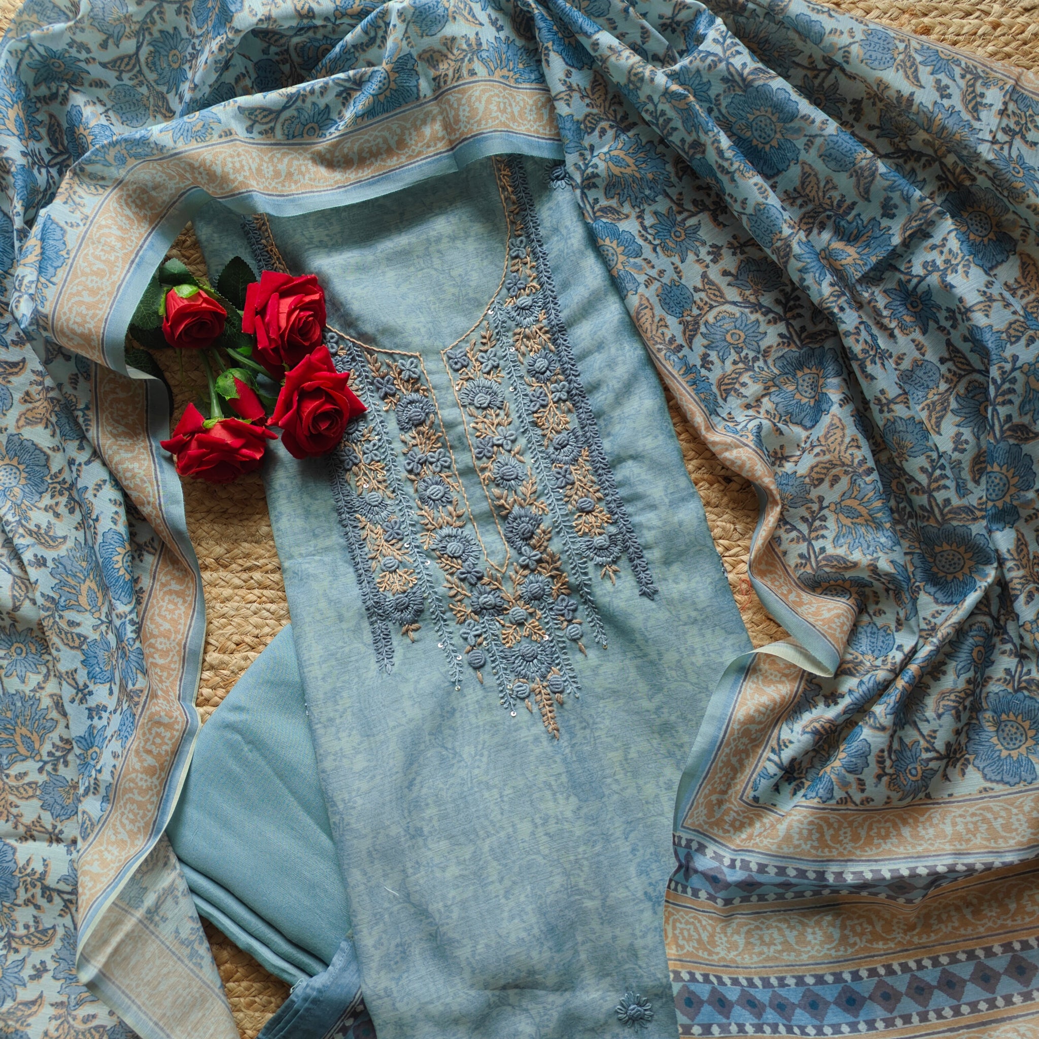 Blue chanderi cotton knot embroidery with resham thread and jamdani