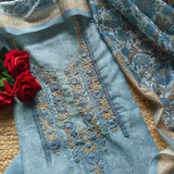 Blue chanderi cotton knot embroidery with resham thread and jamdani