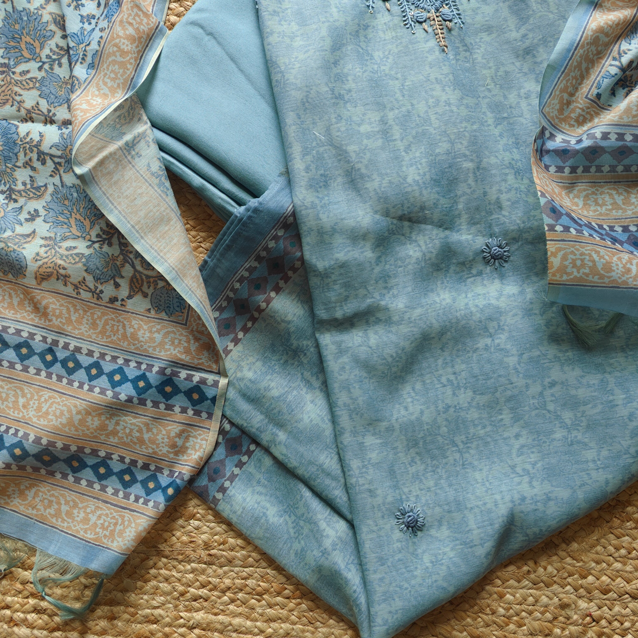 Blue chanderi cotton knot embroidery with resham thread and jamdani