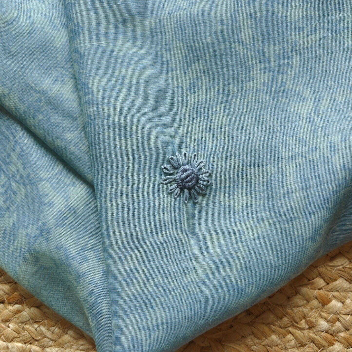 Blue chanderi cotton knot embroidery with resham thread and jamdani