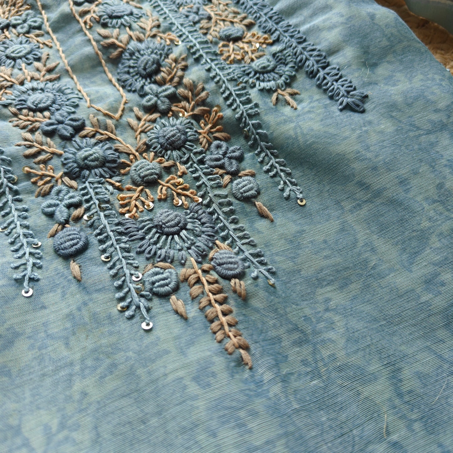Blue chanderi cotton knot embroidery with resham thread and jamdani