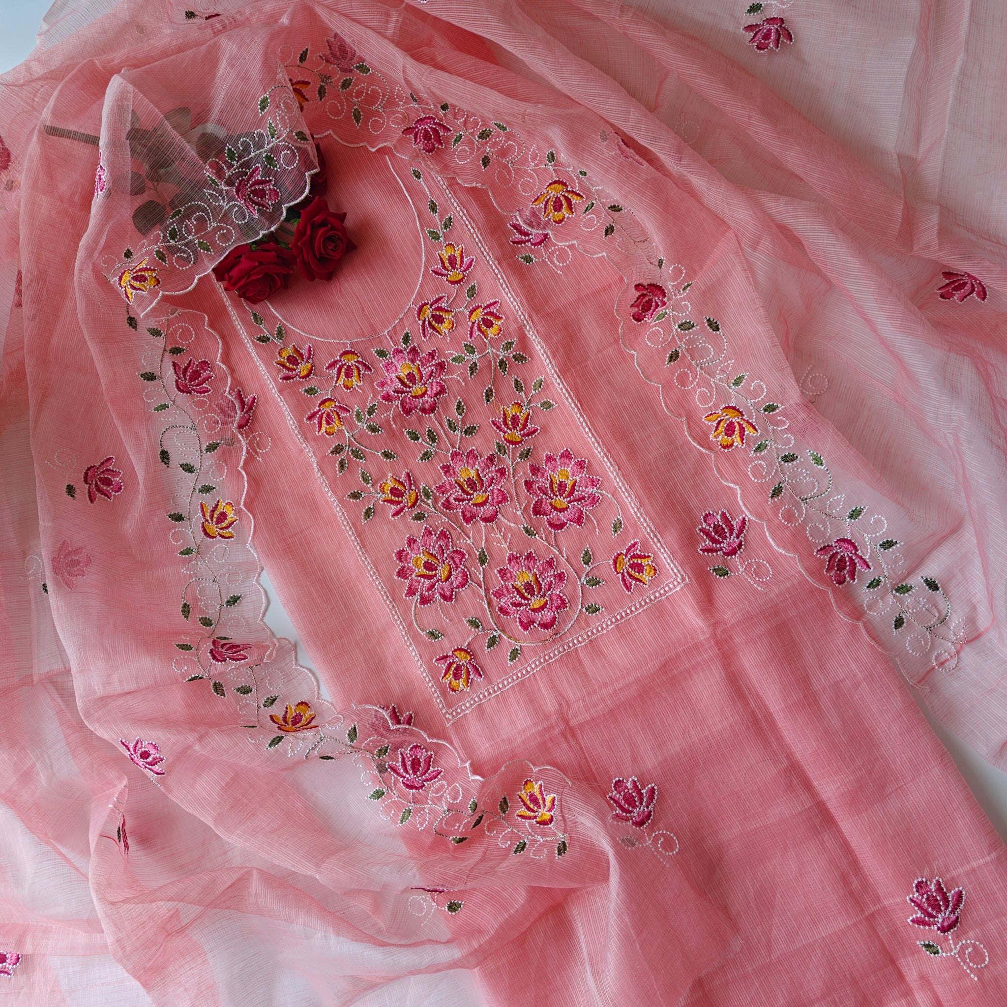 Rose pink Kotta embroidered kurta dupatta set Unstitched