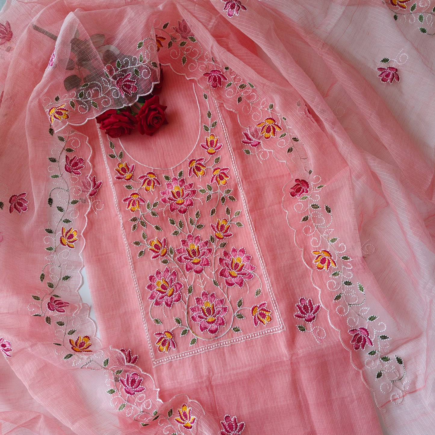 Rose pink Kotta embroidered kurta dupatta set Unstitched