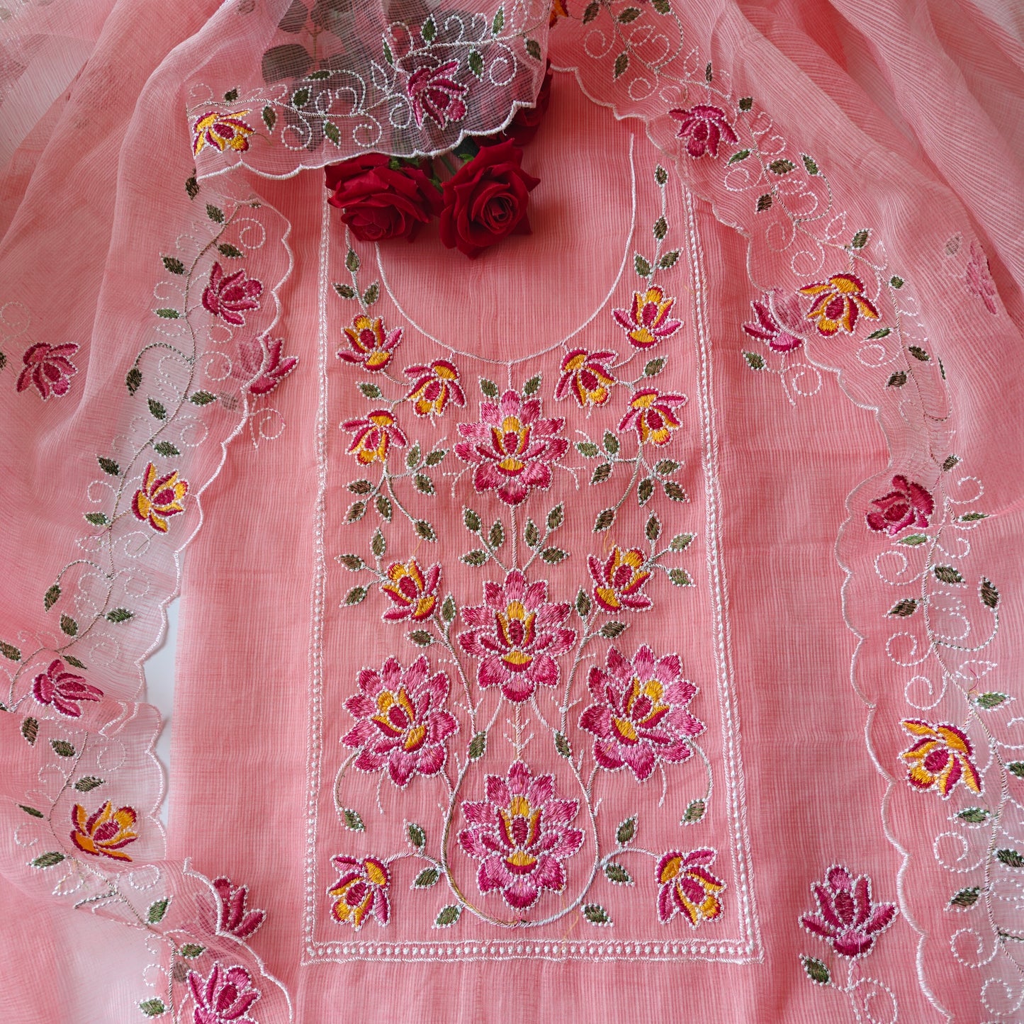 Rose pink Kotta embroidered kurta dupatta set Unstitched