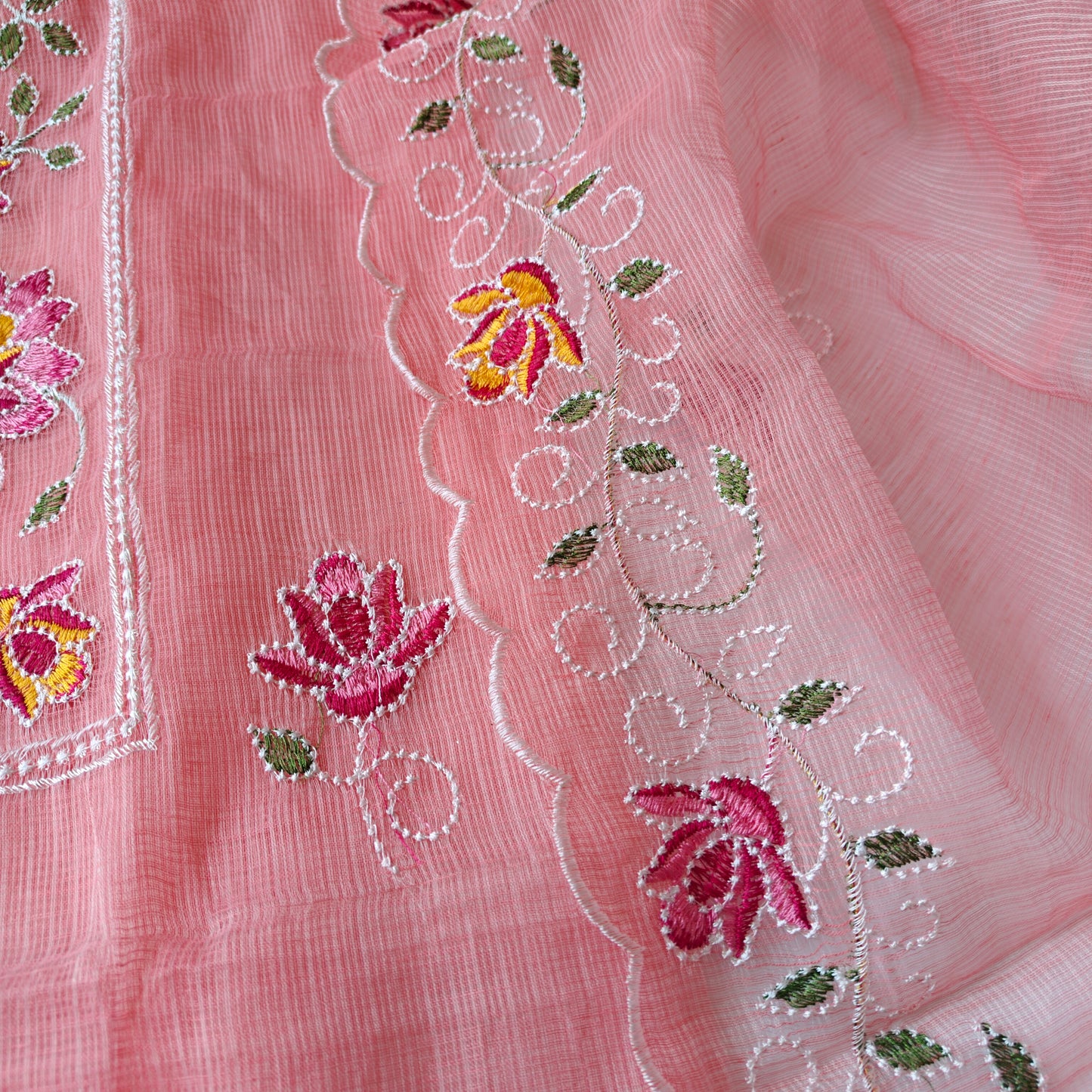 Rose pink Kotta embroidered kurta dupatta set Unstitched