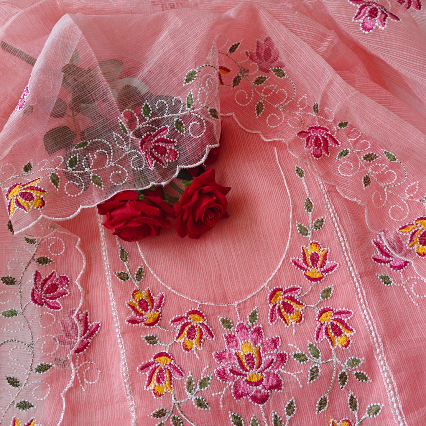 Rose pink Kotta embroidered kurta dupatta set Unstitched