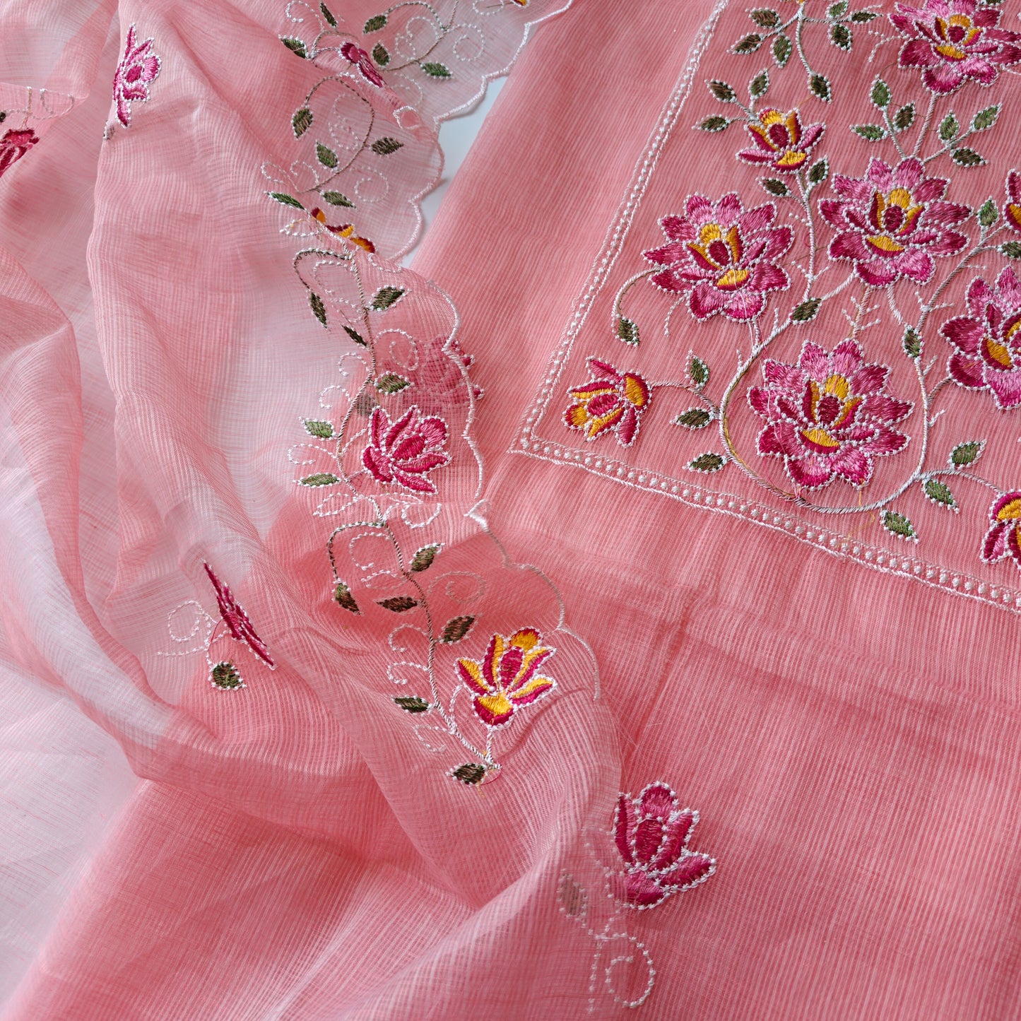 Rose pink Kotta embroidered kurta dupatta set Unstitched