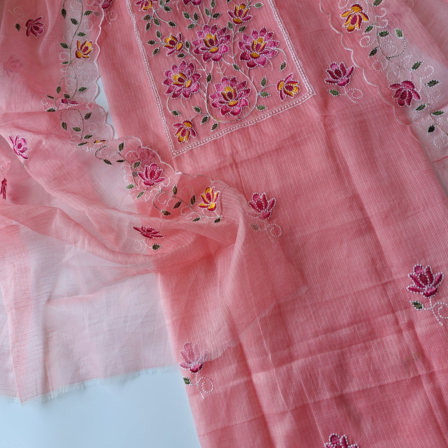 Rose pink Kotta embroidered kurta dupatta set Unstitched