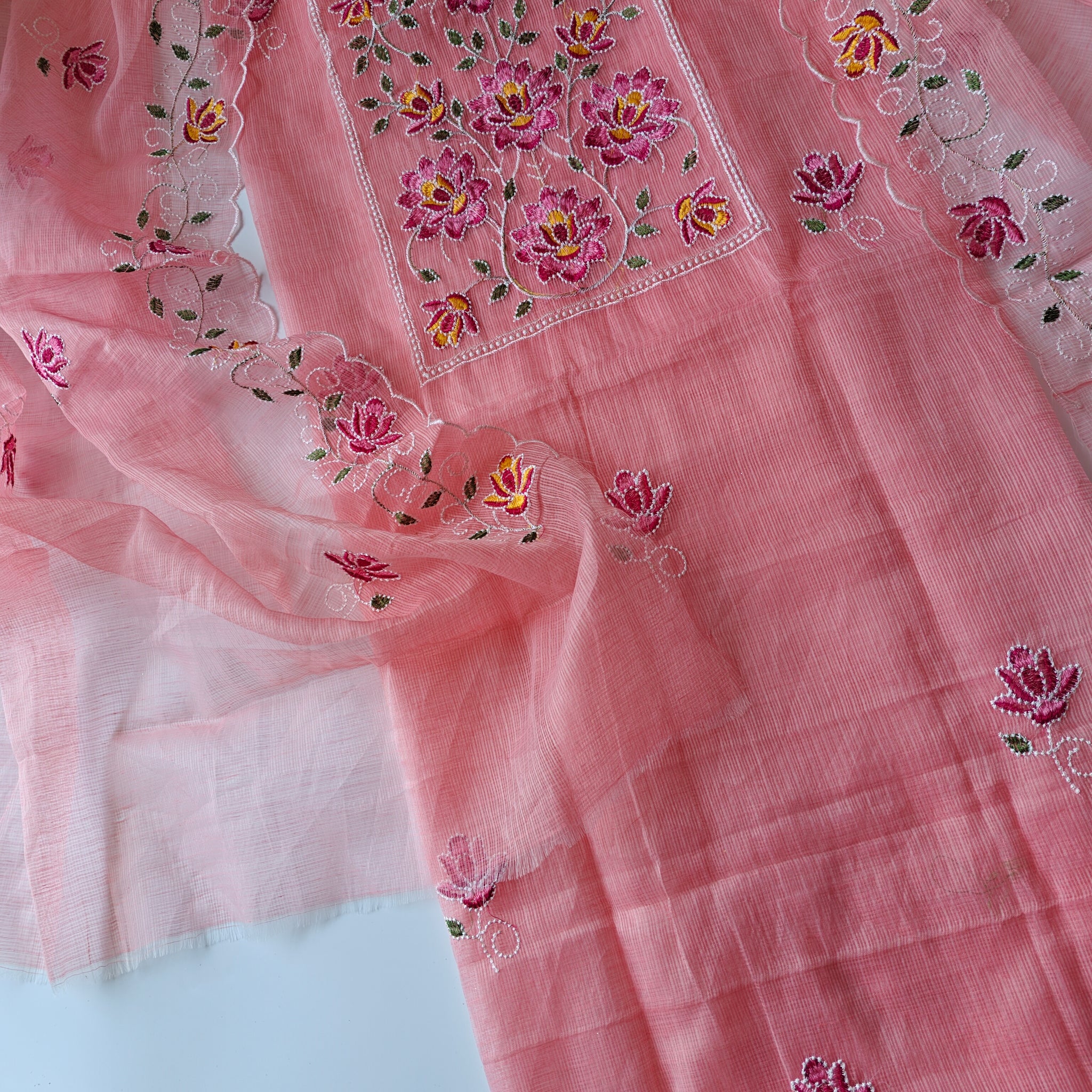 Rose pink Kotta embroidered kurta dupatta set Unstitched