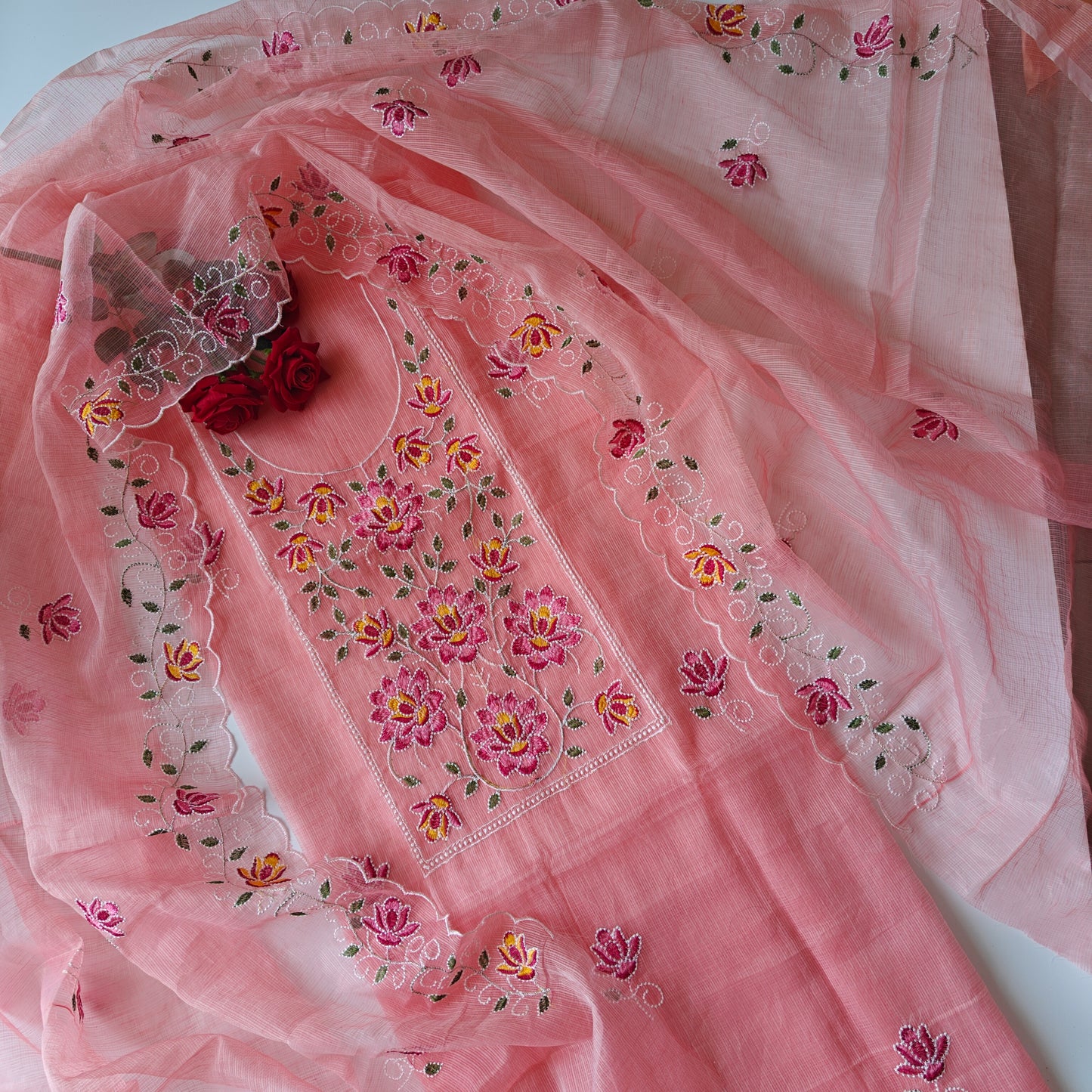 Rose pink Kotta embroidered kurta dupatta set Unstitched