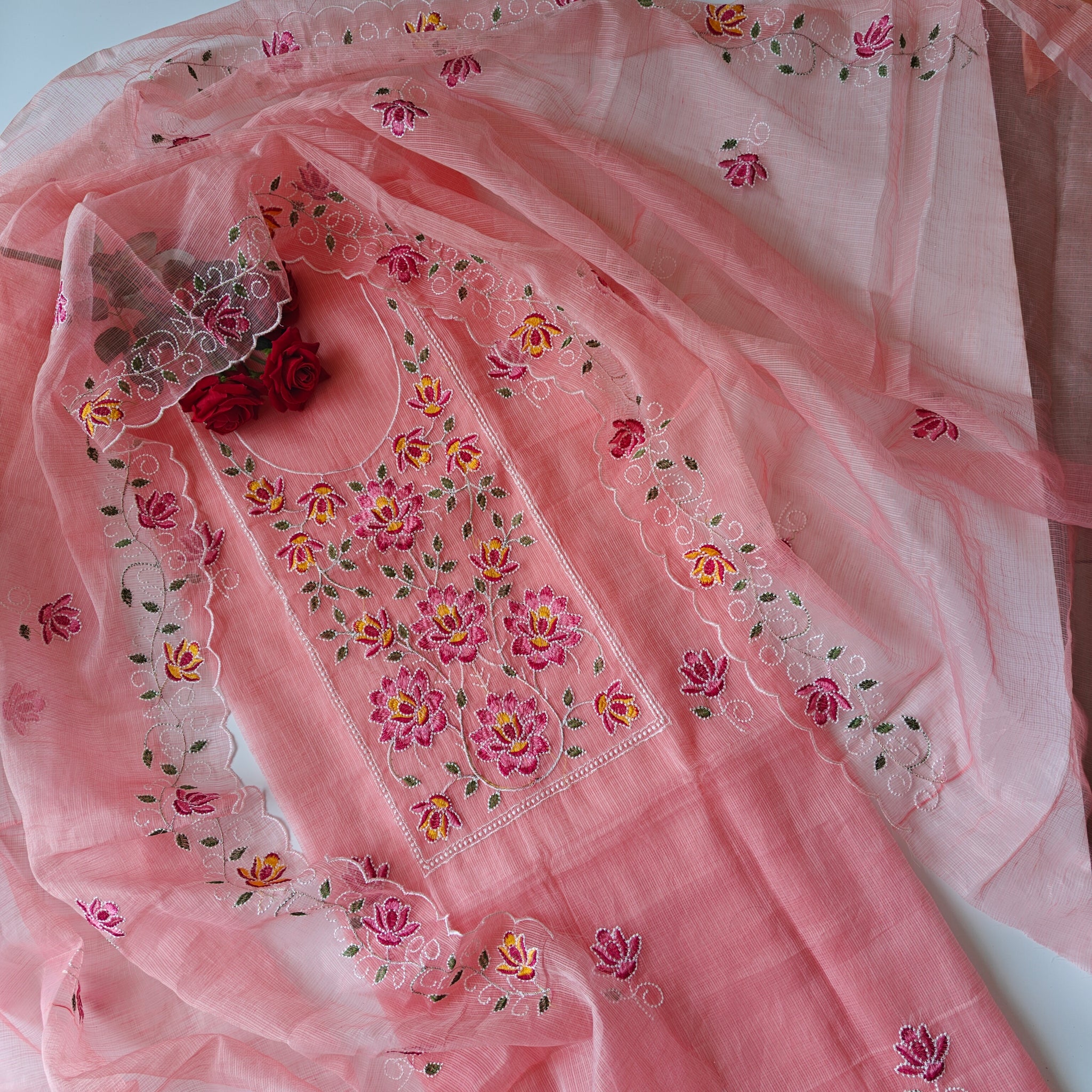 Rose pink Kotta embroidered kurta dupatta set Unstitched