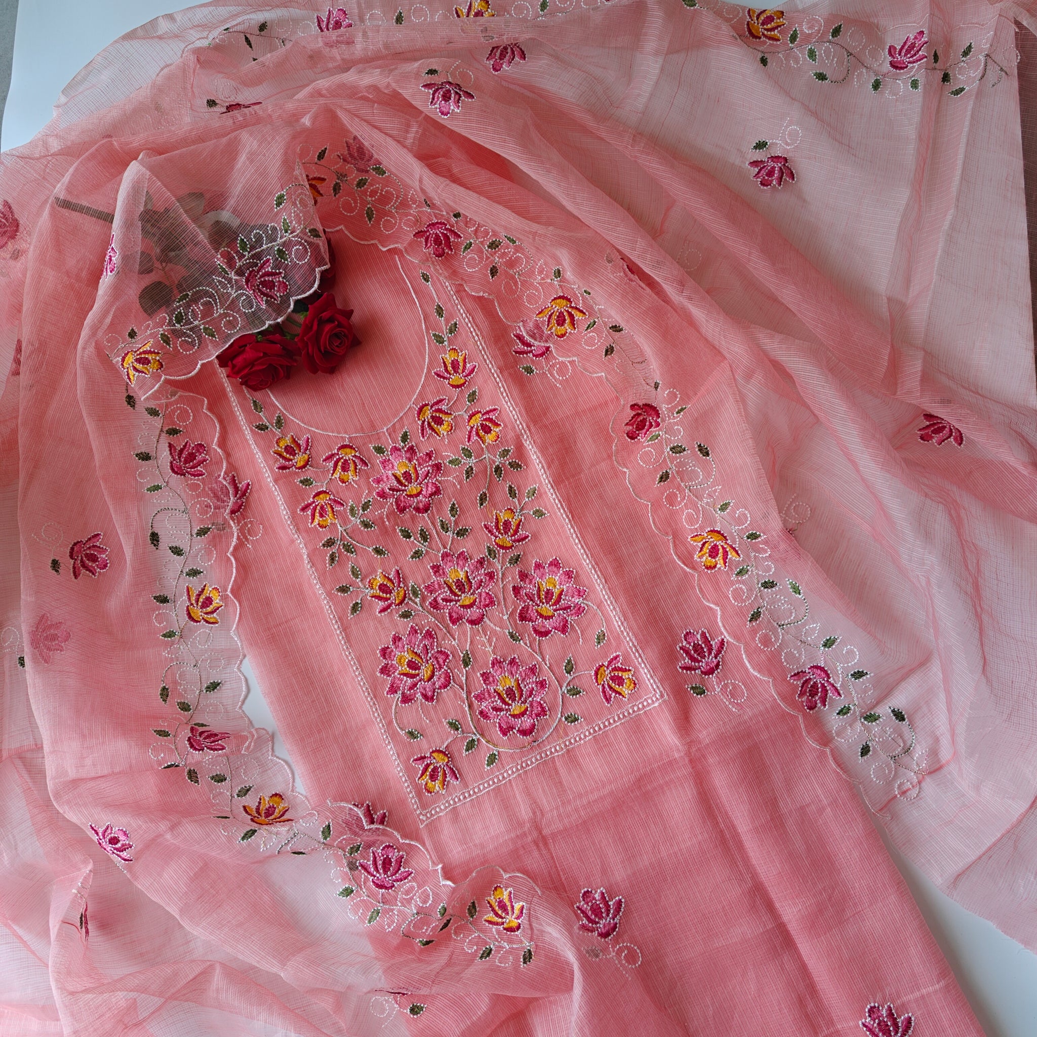 Rose pink Kotta embroidered kurta dupatta set Unstitched