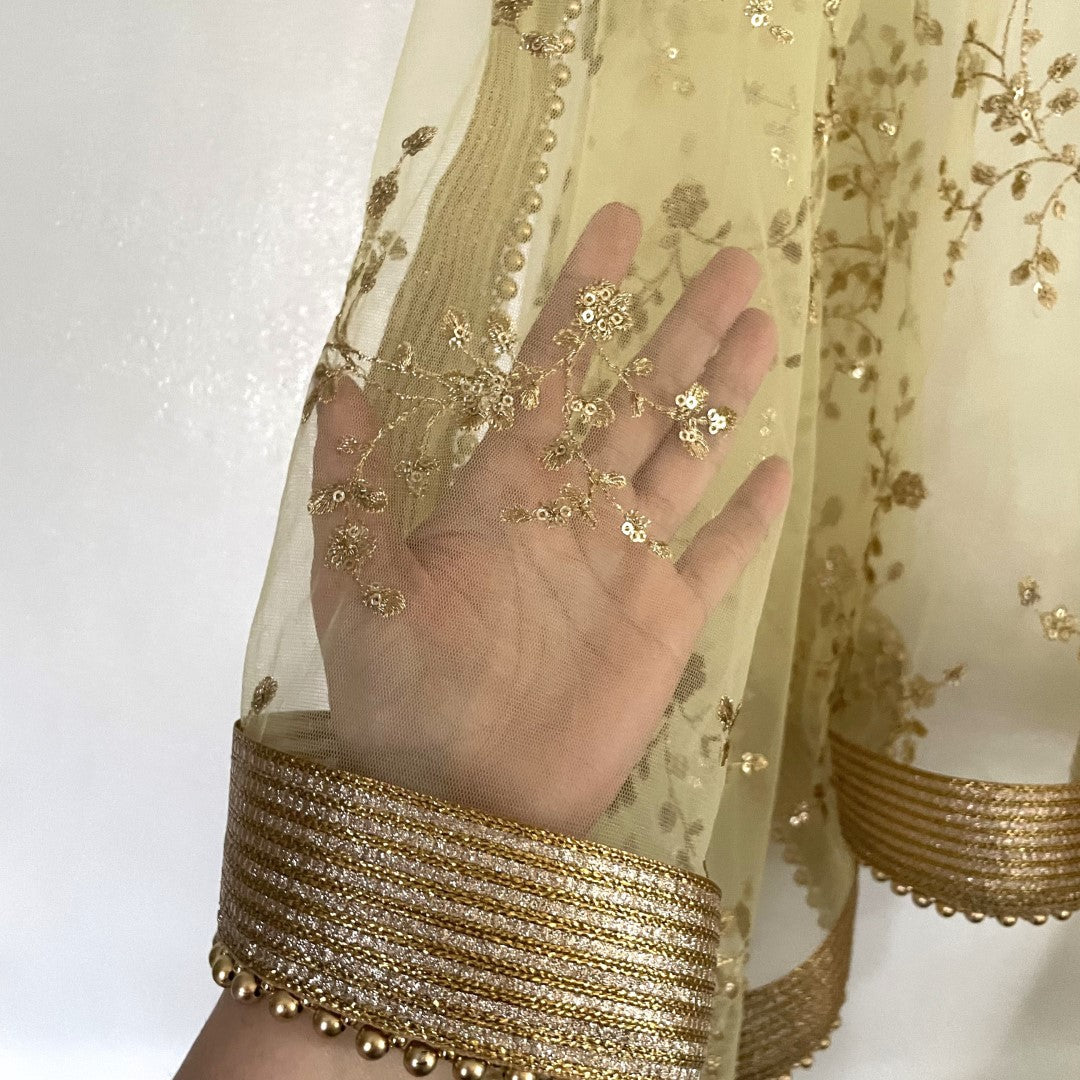 Pastel Yellow Net beaded border dupatta