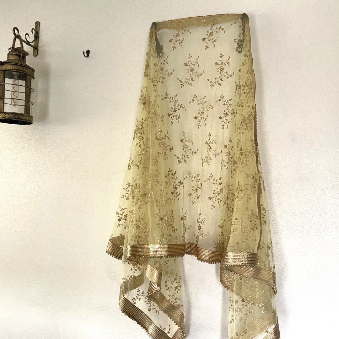 Pastel Yellow Net beaded border dupatta