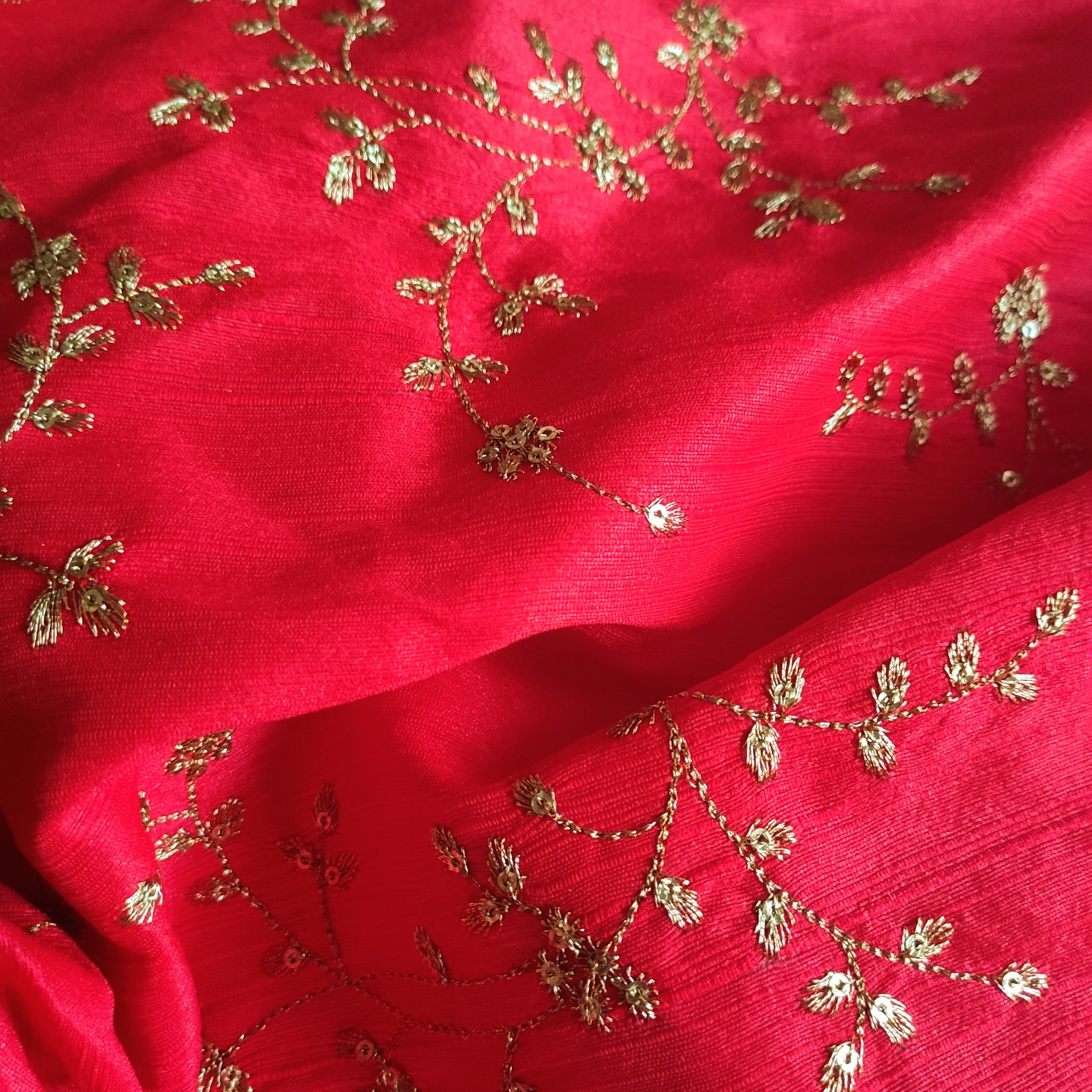Red Sequin embroidered Raw Silk