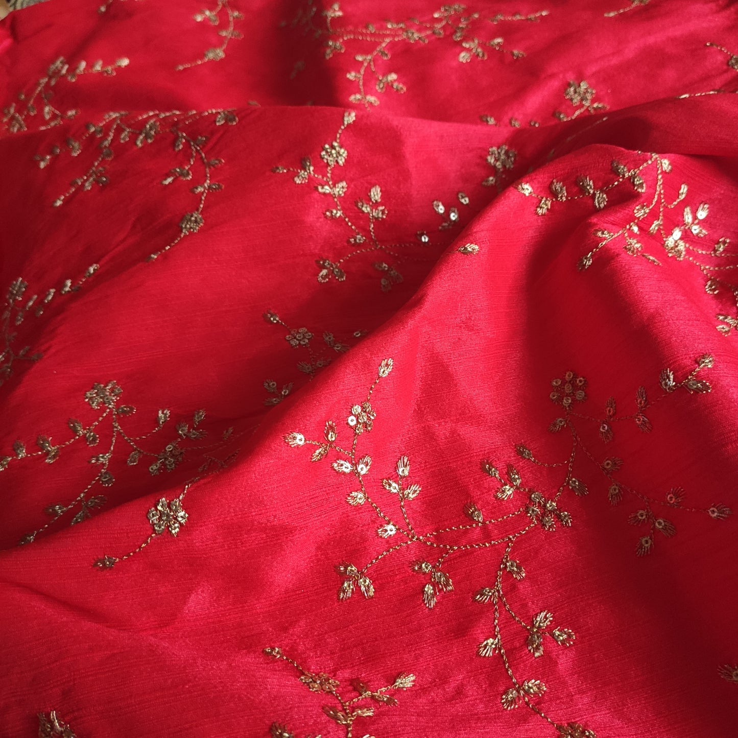 Red Sequin embroidered Raw Silk