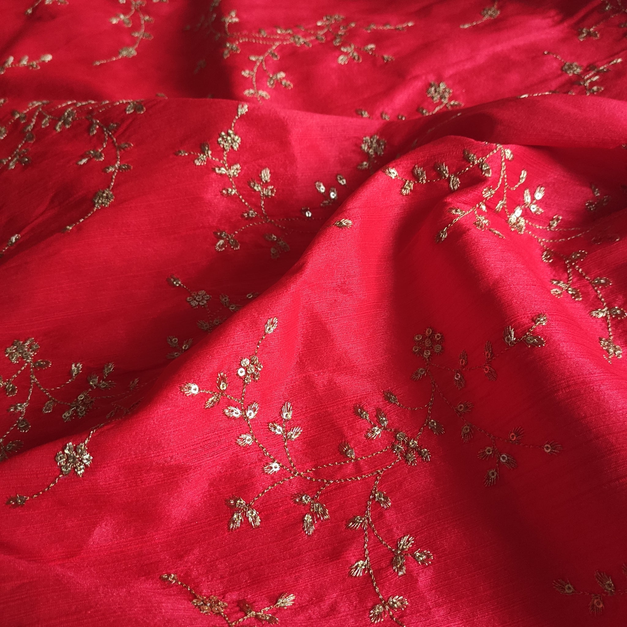 Red Sequin embroidered Raw Silk