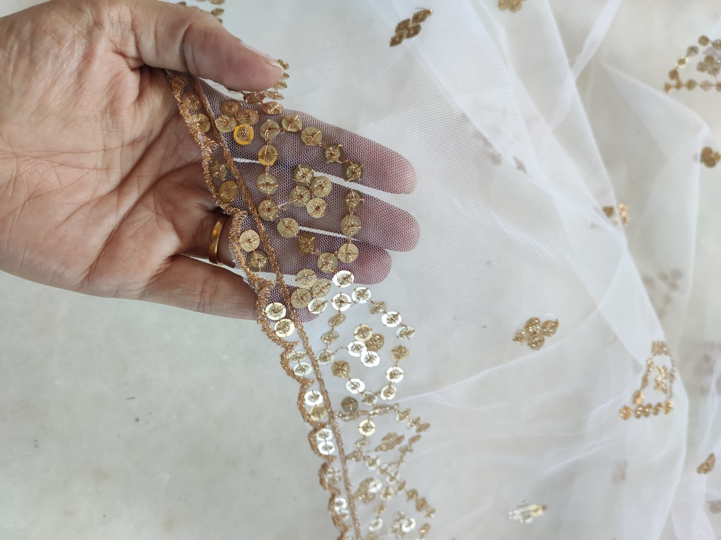 White dupatta with Gold sequins border