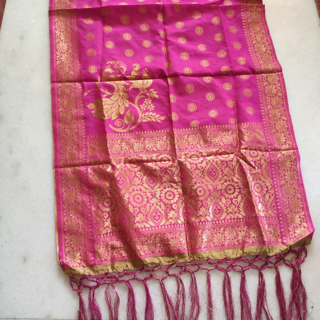 Pink Dupatta with Golden Peacock weaving