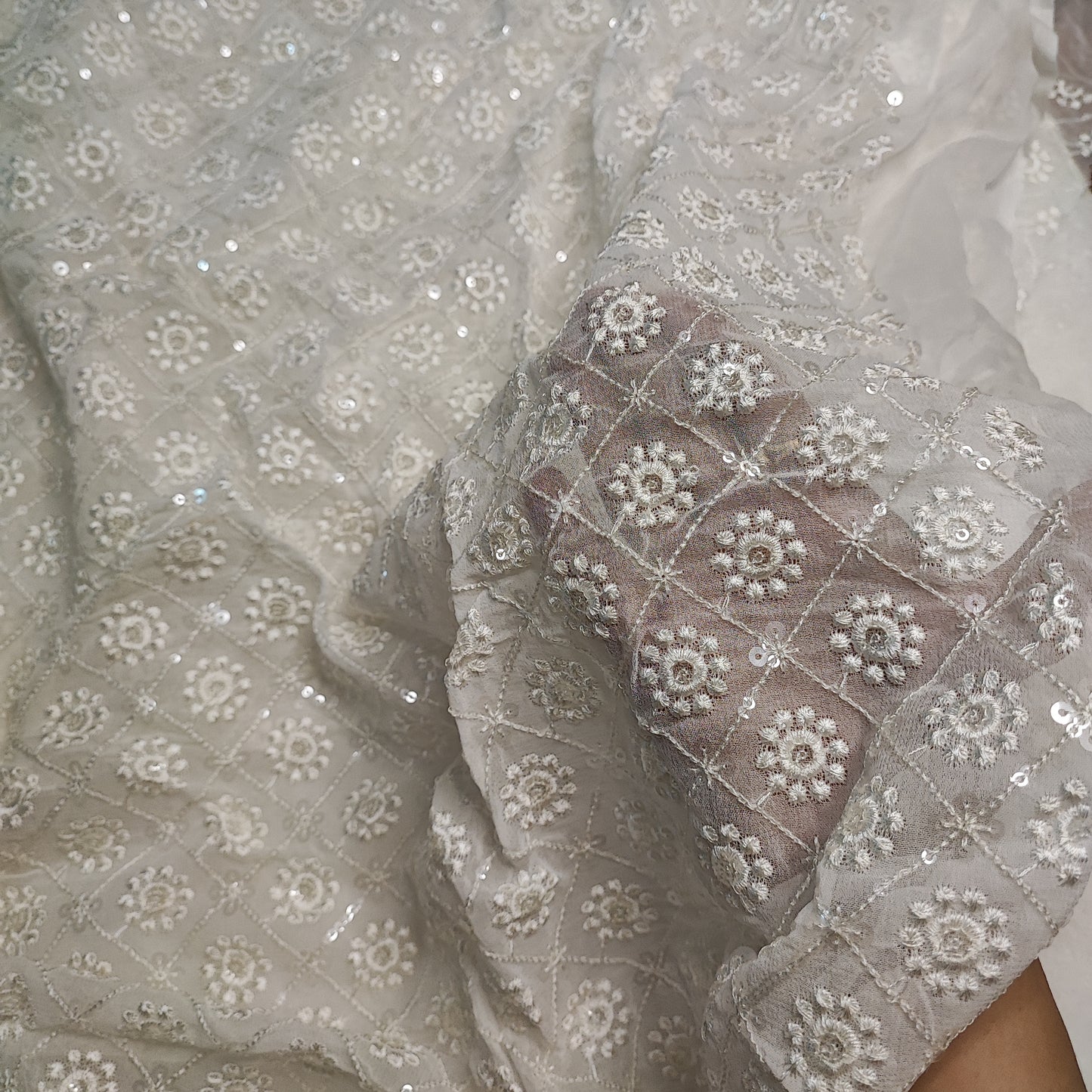 Dyeable georgette fabric with transparent sequins and thread work for blouse