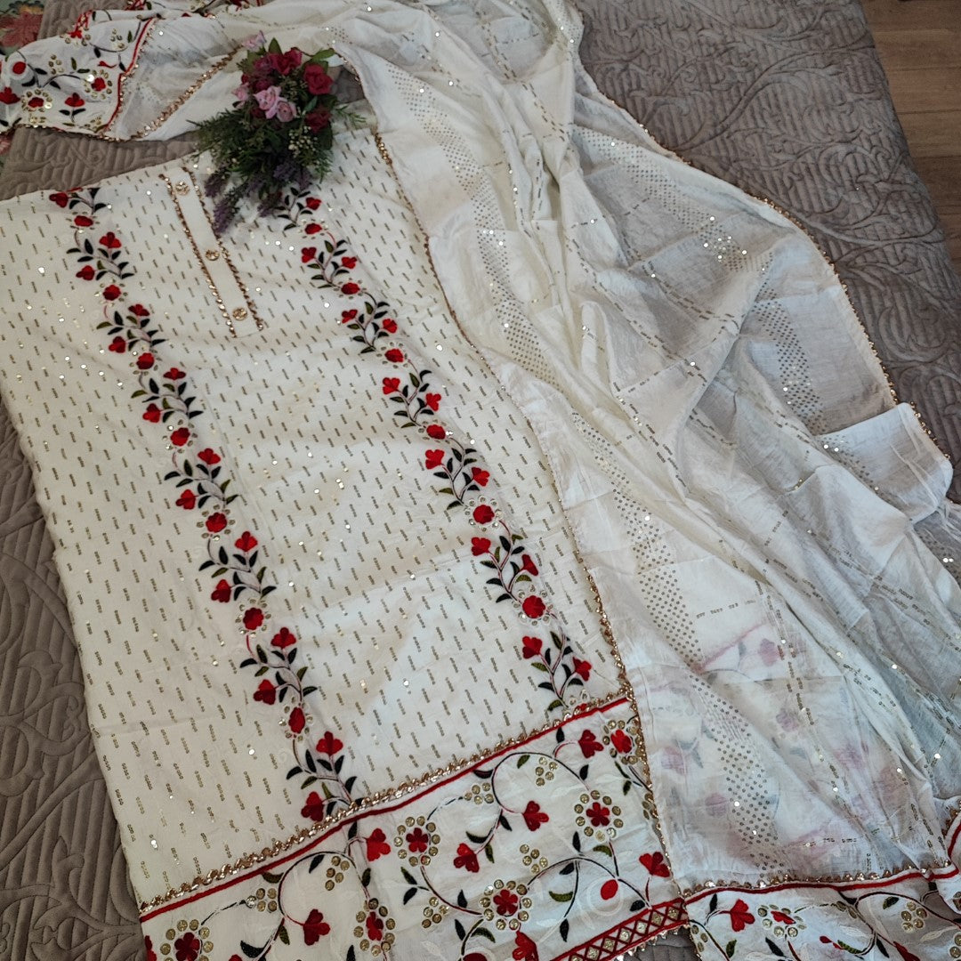 White Embroidered cotton salwar kameez material - Unstitched