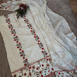 White Embroidered cotton salwar kameez material - Unstitched