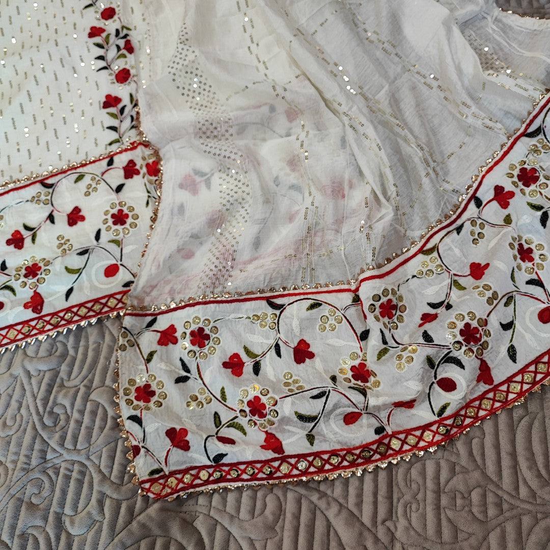 White Embroidered cotton salwar kameez material - Unstitched