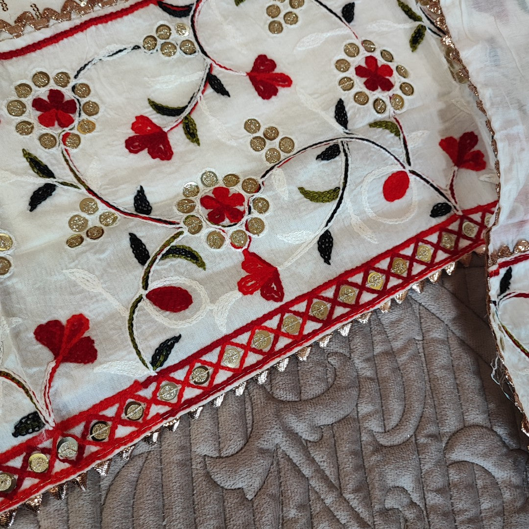 White Embroidered cotton salwar kameez material - Unstitched