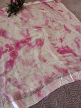 Pink Chiffon saree with silver Zari border.