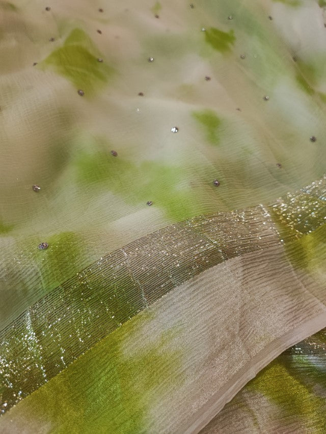 Green Chiffon saree with silver Zari border.