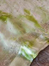 Green Chiffon saree with silver Zari border.