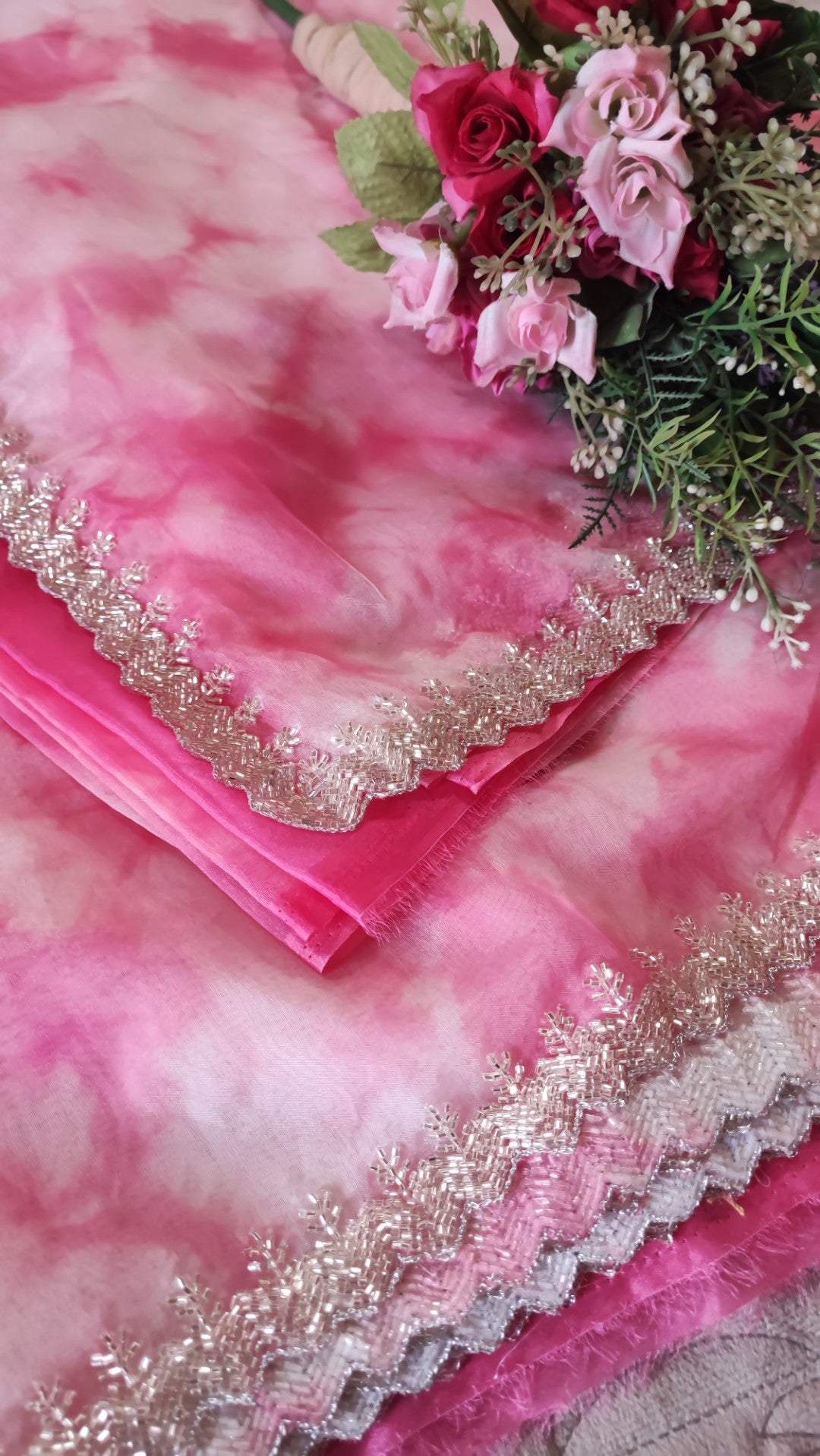 Partywear Pink Saree with Silver embroidery on Organza tissue fabric