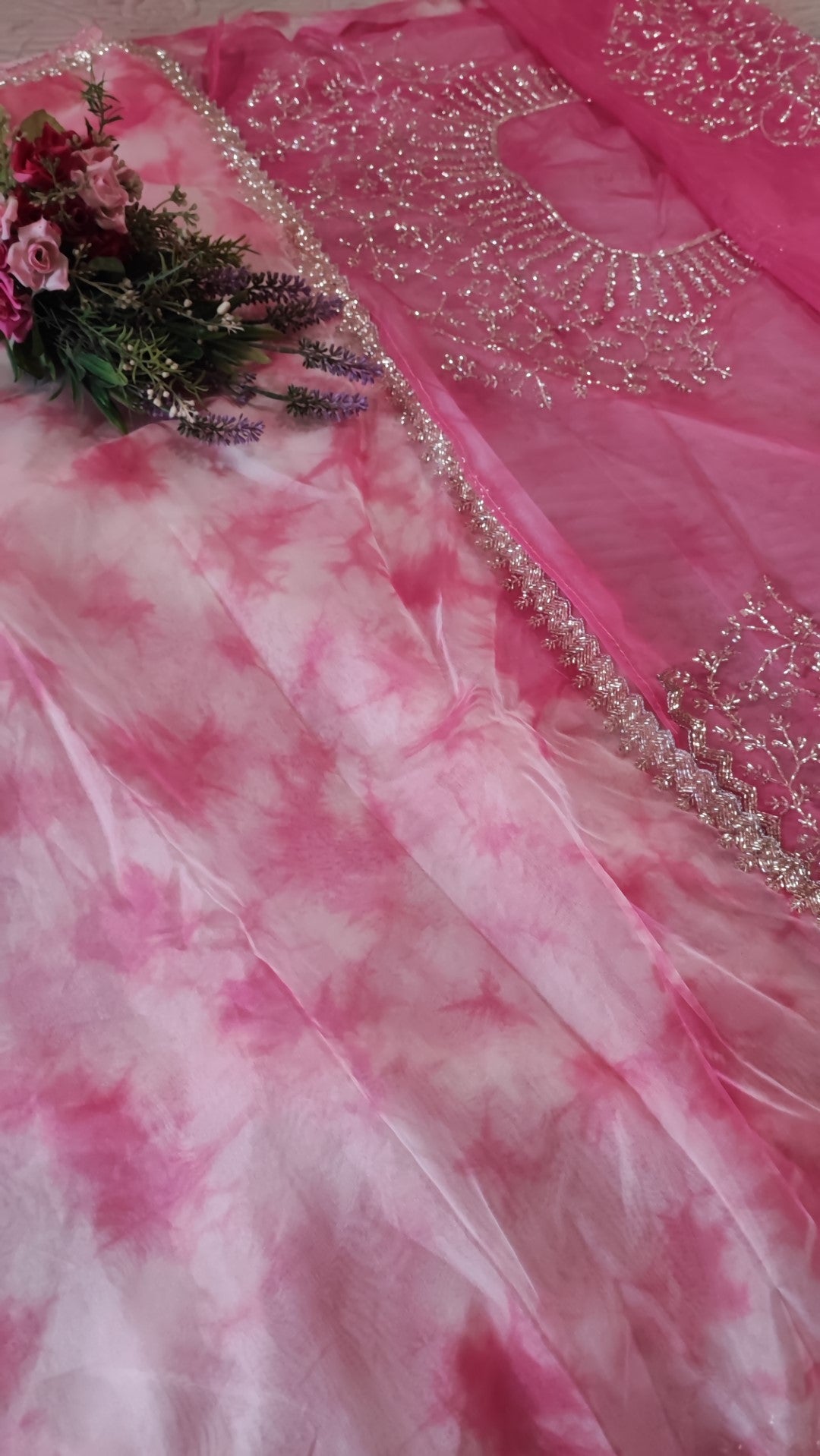 Partywear Pink Saree with Silver embroidery on Organza tissue fabric