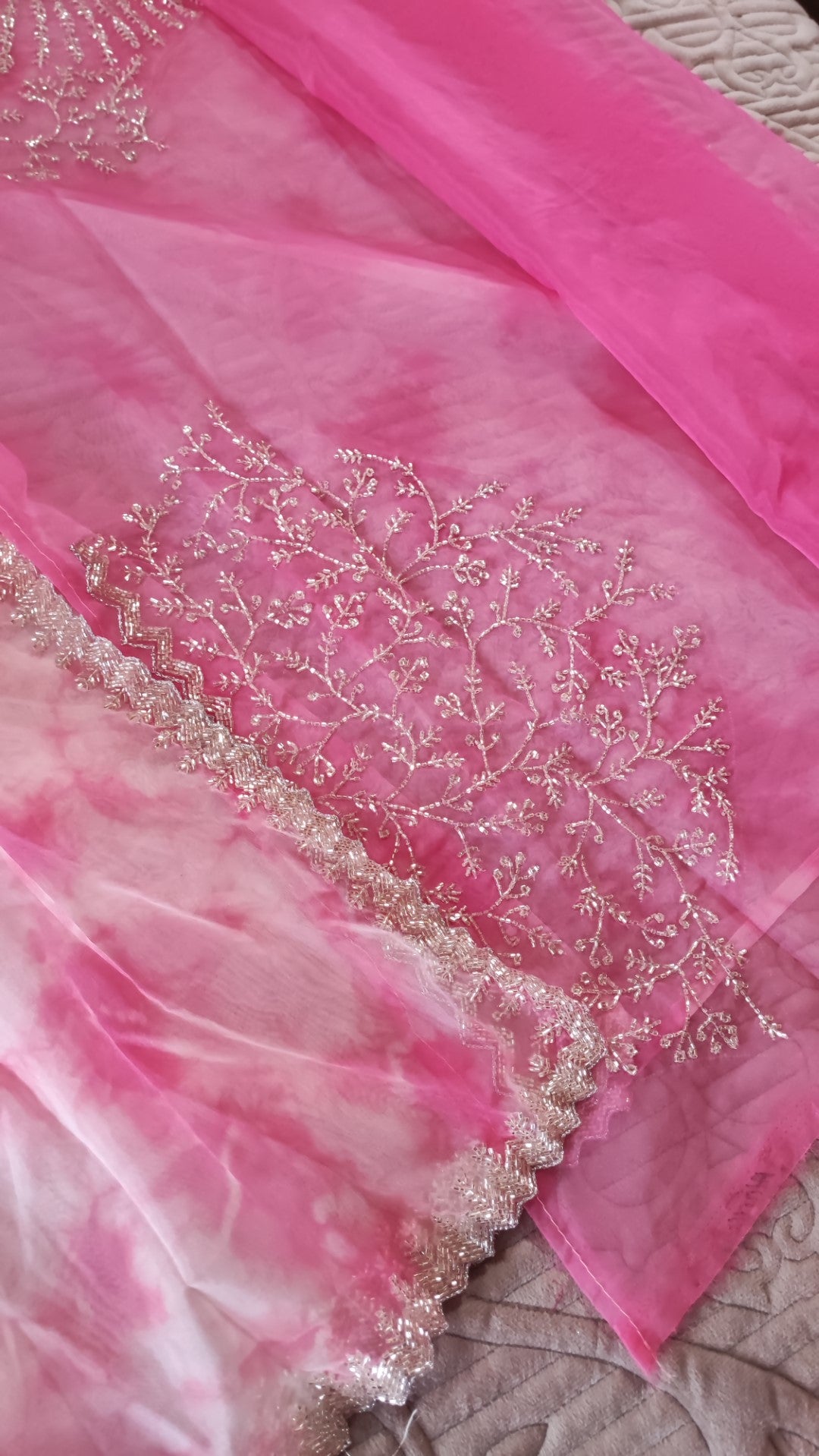 Partywear Pink Saree with Silver embroidery on Organza tissue fabric