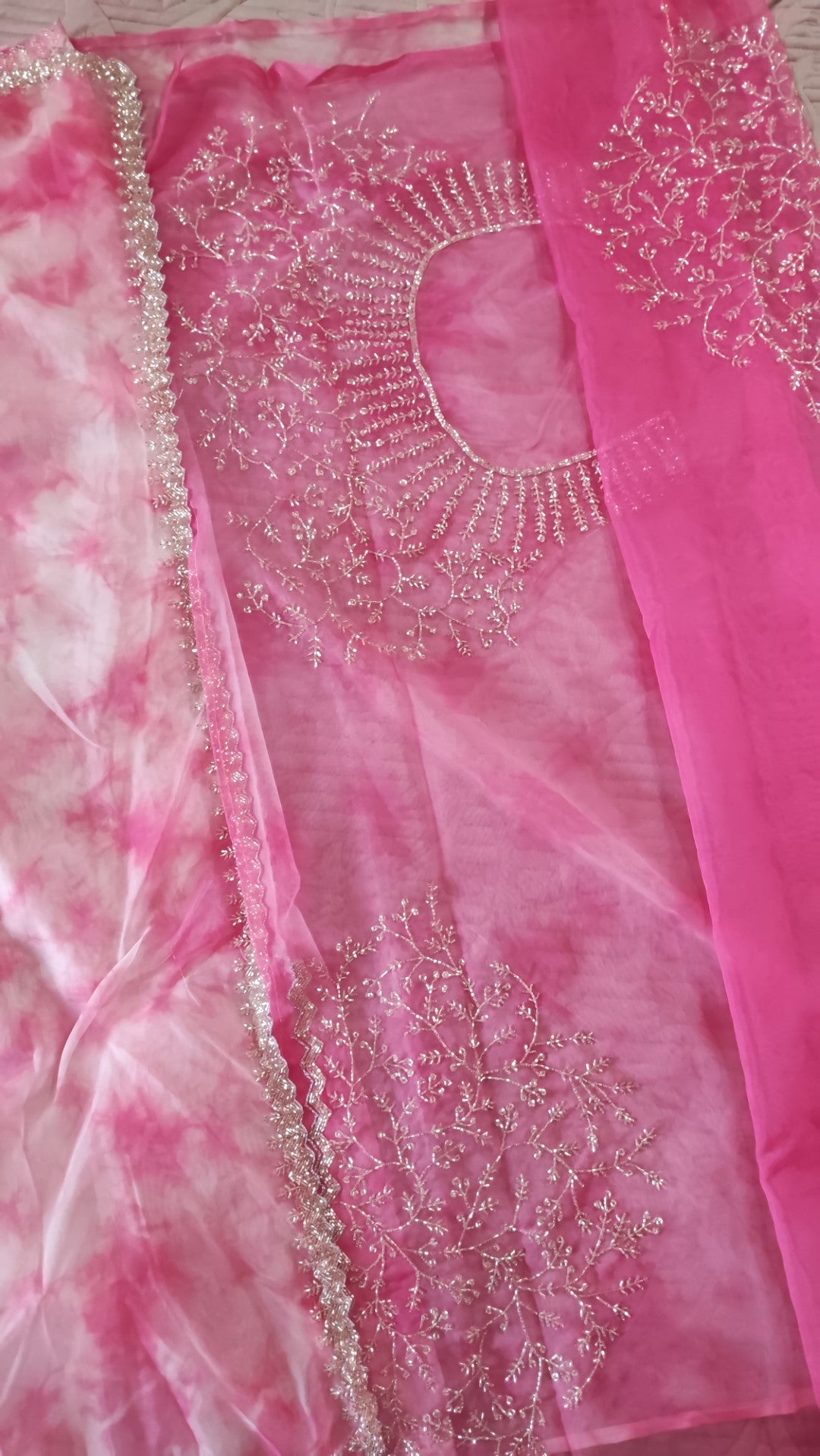 Partywear Pink Saree with Silver embroidery on Organza tissue fabric
