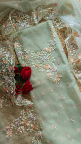 Greenish Parsi Embroidery unstitched suit