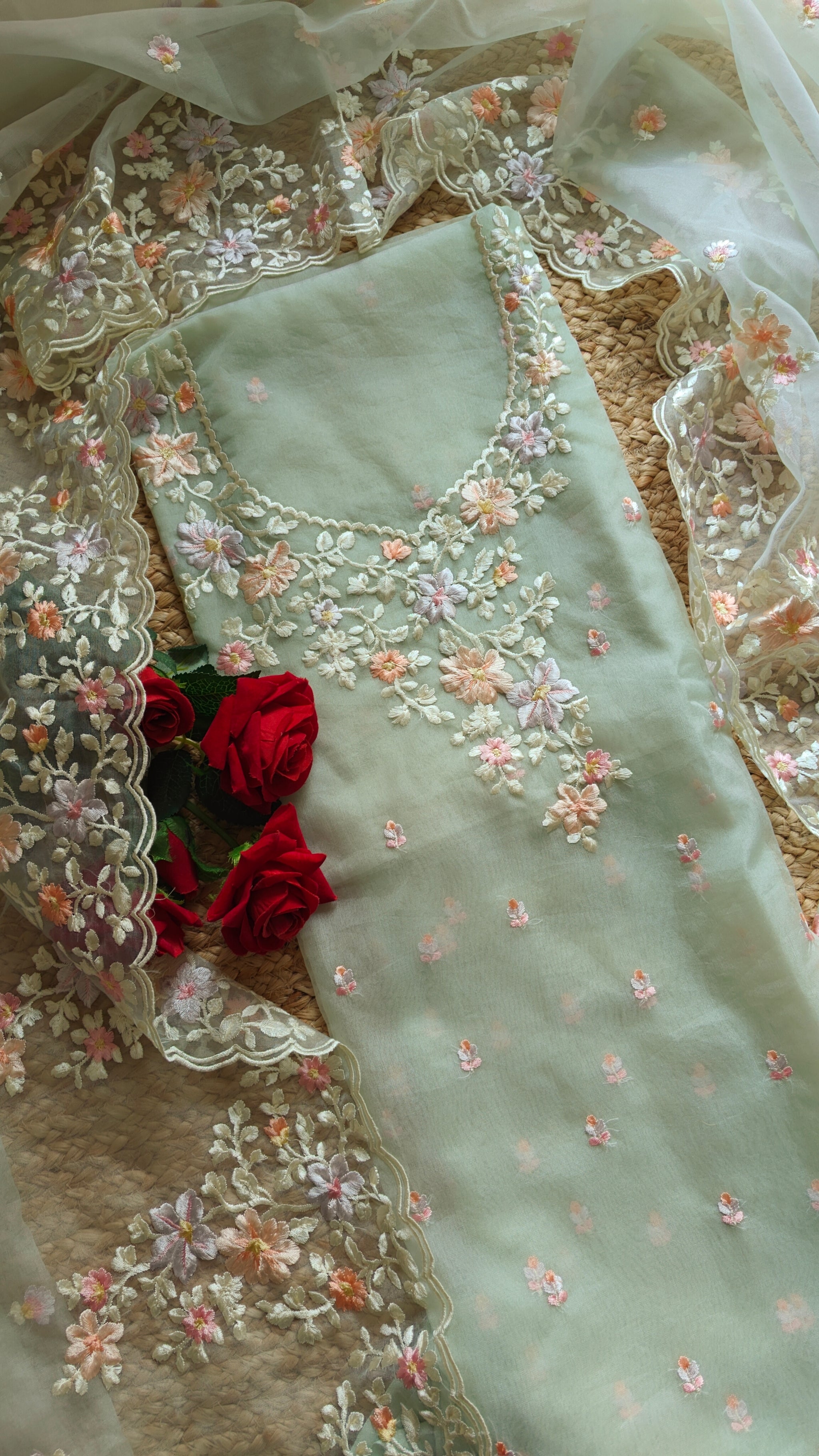 Greenish Parsi Embroidery unstitched suit