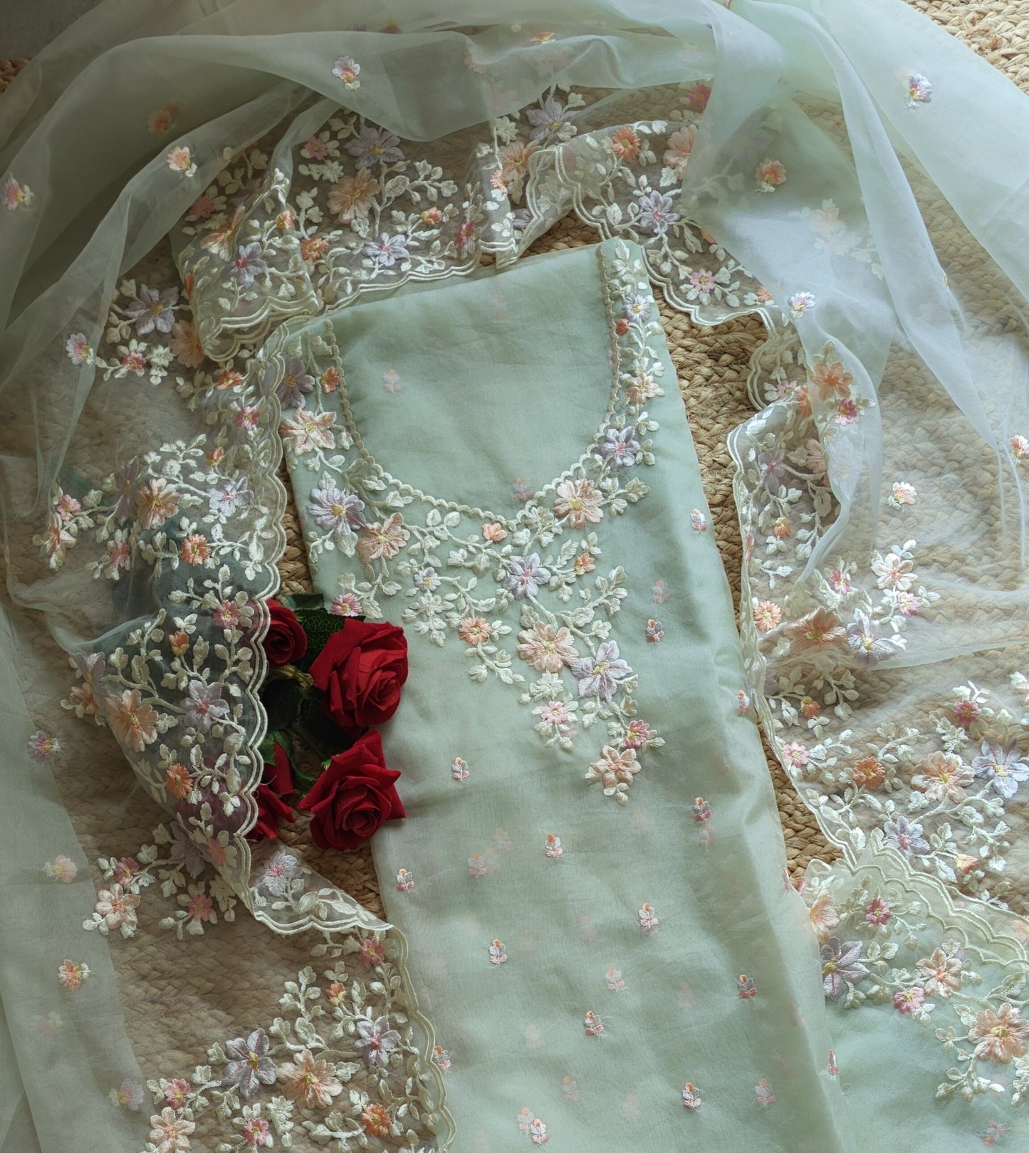 Greenish Parsi Embroidery unstitched suit