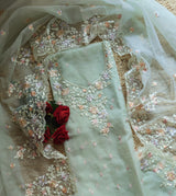 Greenish Parsi Embroidery unstitched suit