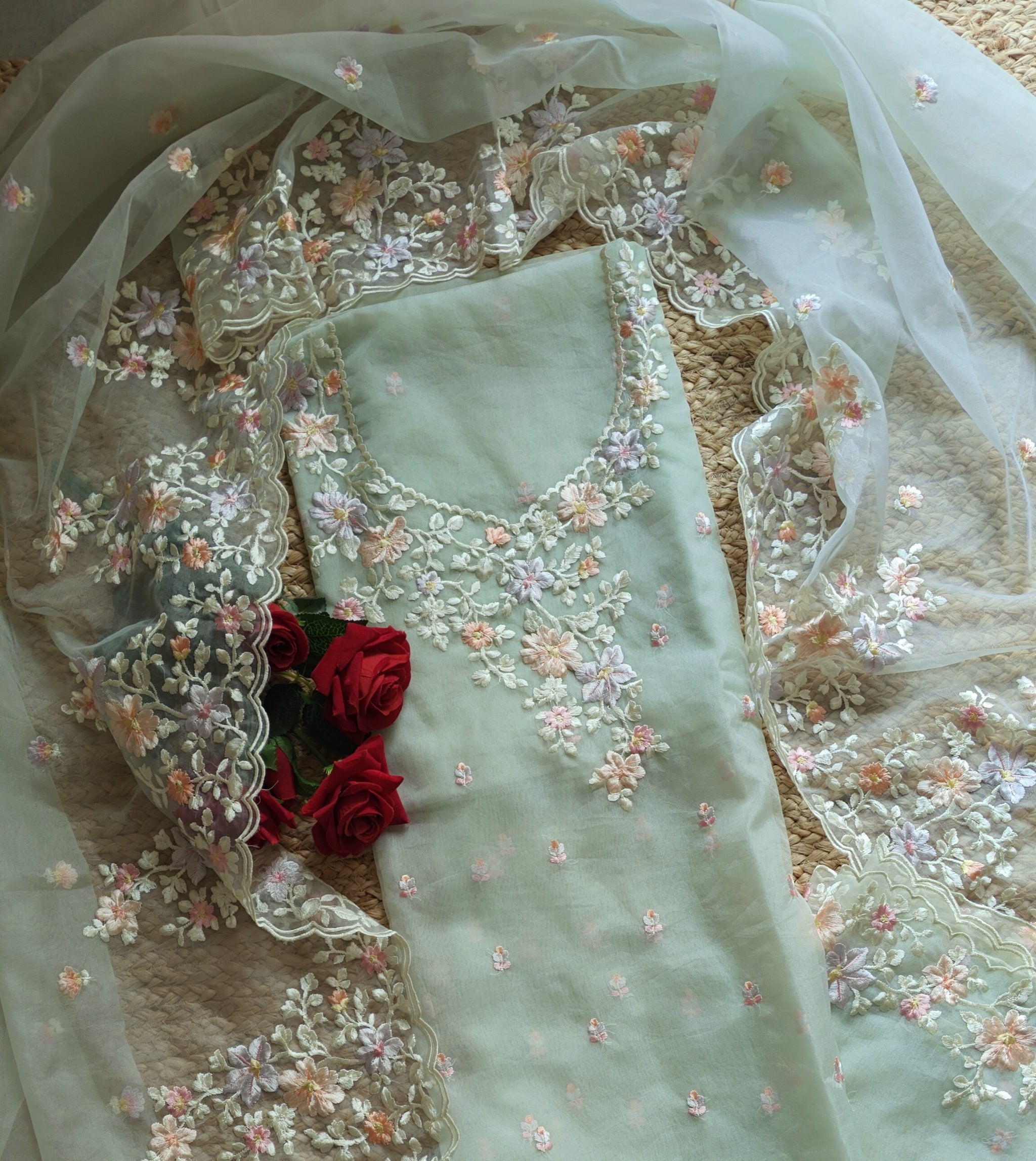 Greenish Parsi Embroidery unstitched suit