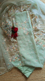 Greenish Parsi Embroidery unstitched suit