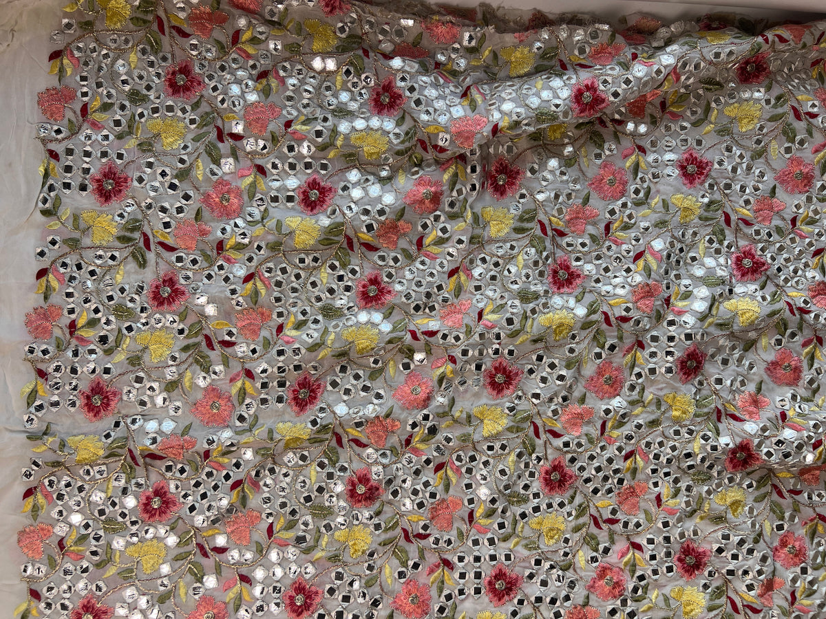 Georgette embroidered fabric with multicolor thread and foil work