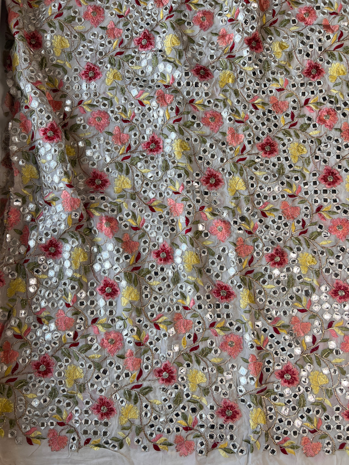 Georgette embroidered fabric with multicolor thread and foil work